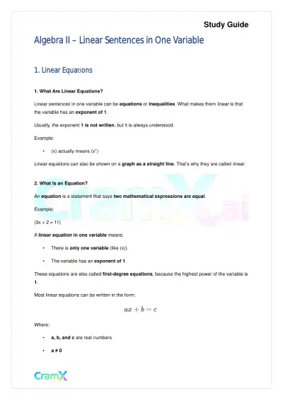 Algebra II - Linear Sentences in One Variable - Page 1 preview image