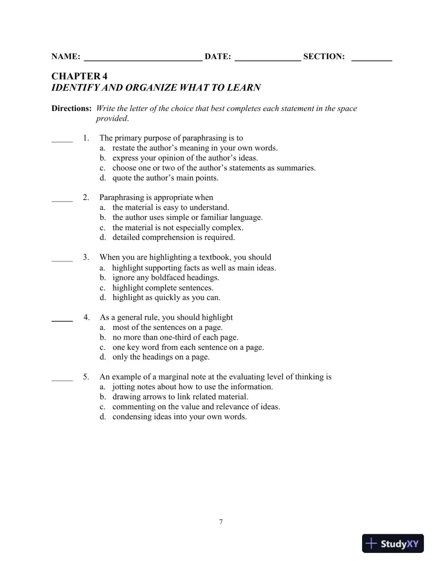 Test Bank for College Reading and Study Skills, 14th Edition, page 14