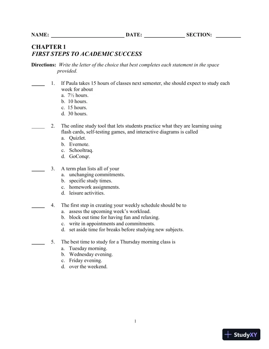 Test Bank for College Reading and Study Skills, 14th Edition, page 8