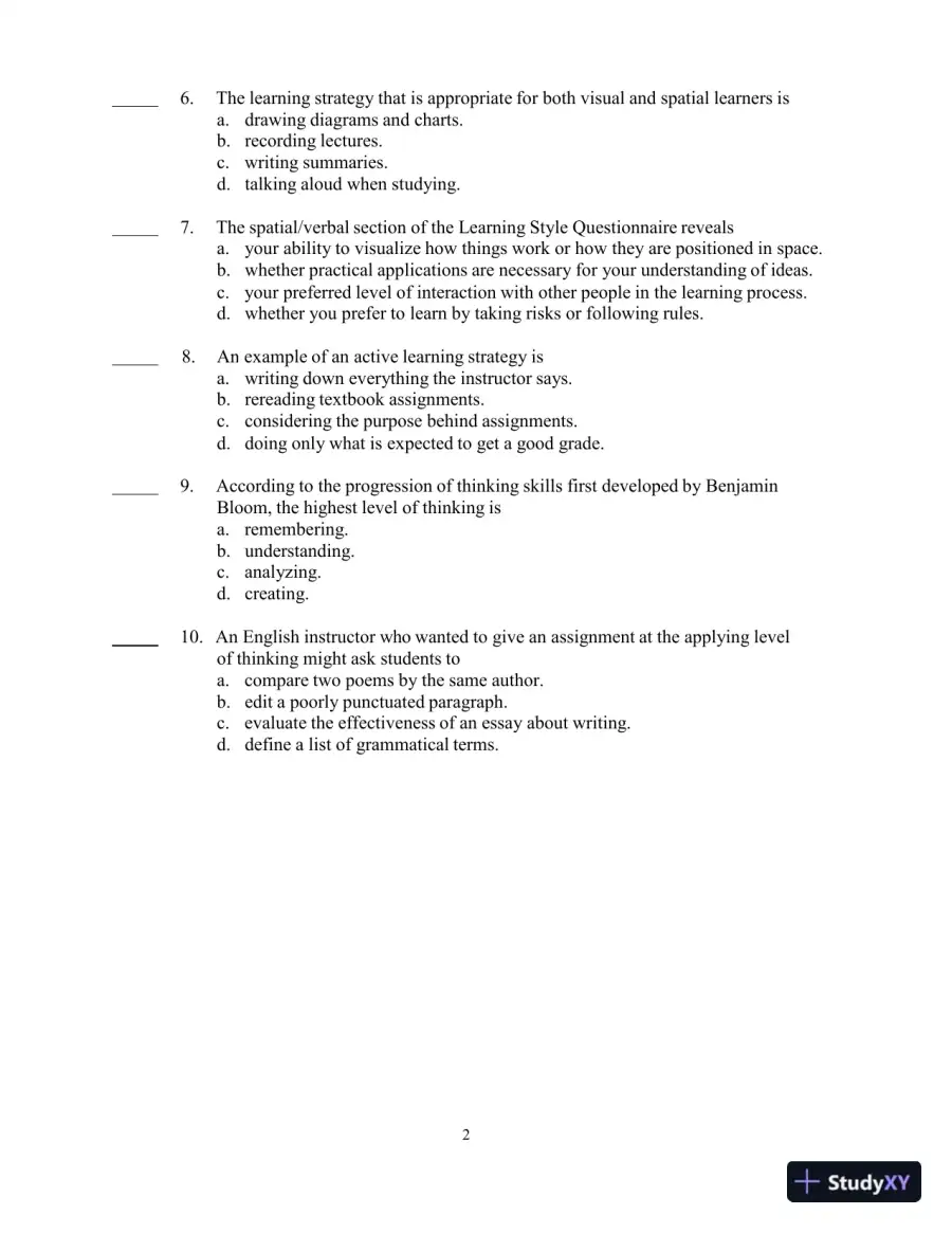 Test Bank for College Reading and Study Skills, 14th Edition, page 9
