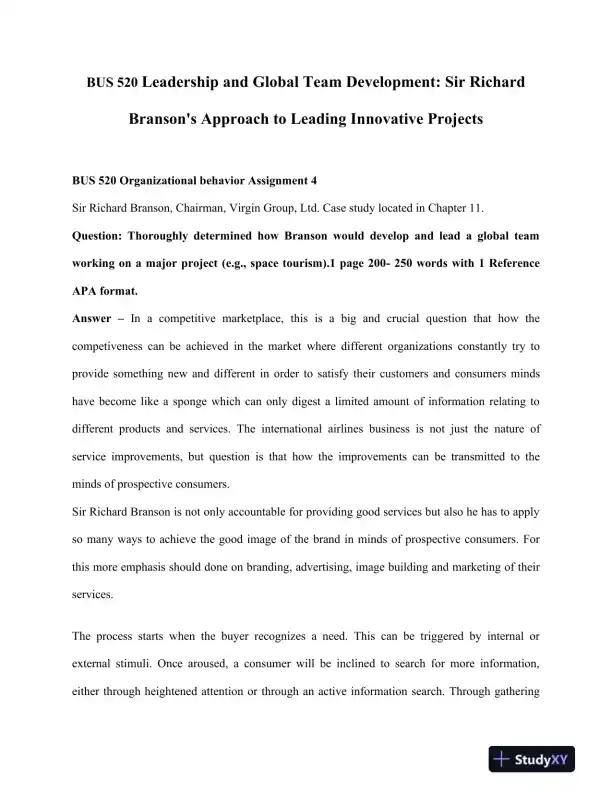 BUS 520 Leadership and Global Team Development: Sir Richard Branson's Approach to Leading Innovative Projects - Page 1 preview image