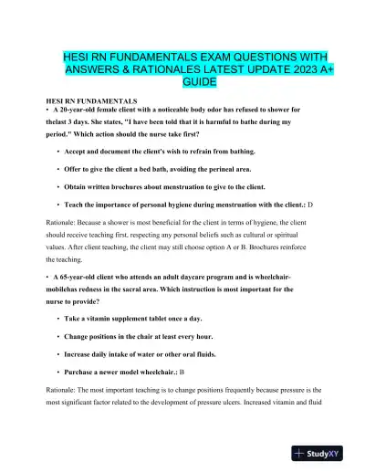 2023 HESI RN Fundamentals Exam Question and Study Guide With Answers (75 Solved Questions) - Page 1 preview image