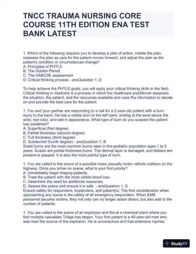 TNCC Trauma Nursing Core Course 11th Edition ENA Test with Answers (220 Solved Questions) - Page 1 preview image