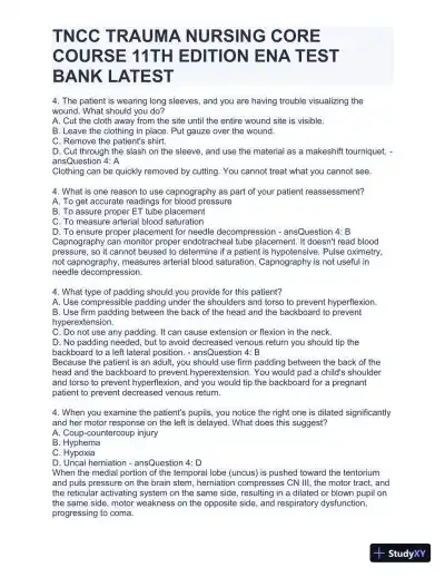 TNCC Trauma Nursing Core Course 11th Edition ENA Test with Answers (220 Solved Questions) - Page 10 preview image