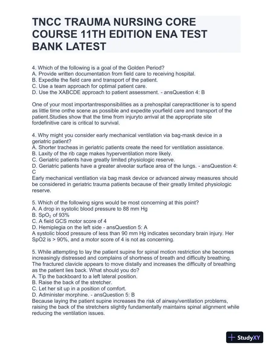 TNCC Trauma Nursing Core Course 11th Edition ENA Test with Answers (220 Solved Questions), page 11