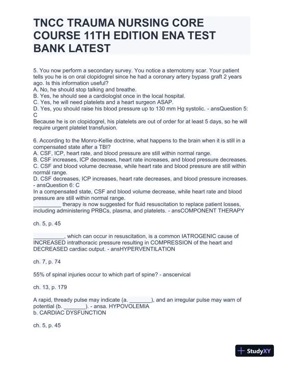 TNCC Trauma Nursing Core Course 11th Edition ENA Test with Answers (220 Solved Questions), page 12