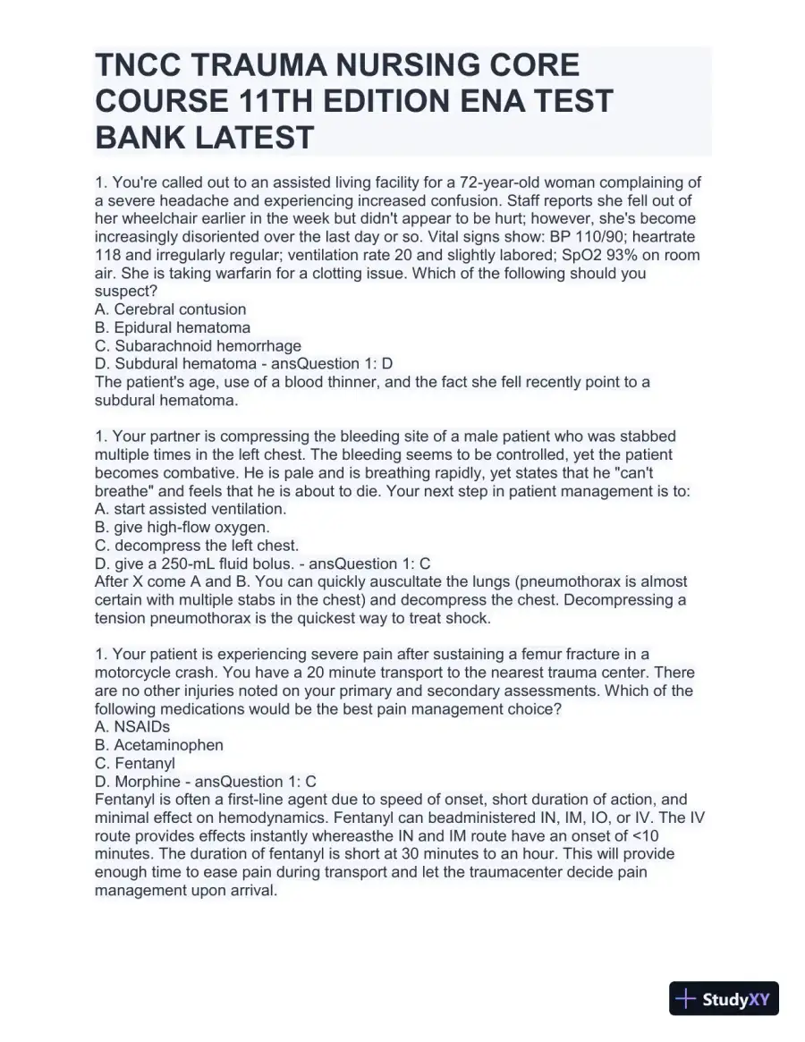 TNCC Trauma Nursing Core Course 11th Edition ENA Test with Answers (220 Solved Questions), page 4