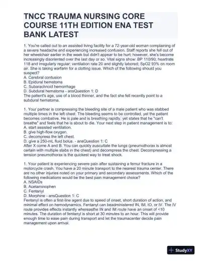 TNCC Trauma Nursing Core Course 11th Edition ENA Test with Answers (220 Solved Questions) - Page 4 preview image