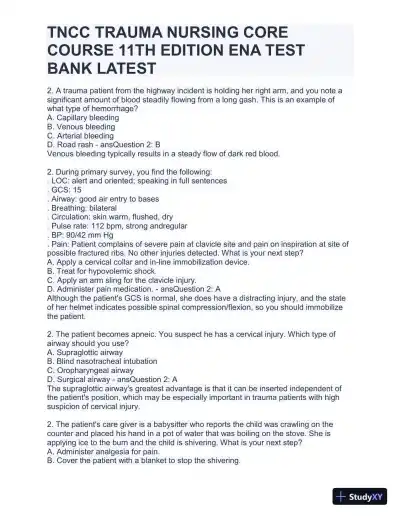 TNCC Trauma Nursing Core Course 11th Edition ENA Test with Answers (220 Solved Questions) - Page 5 preview image