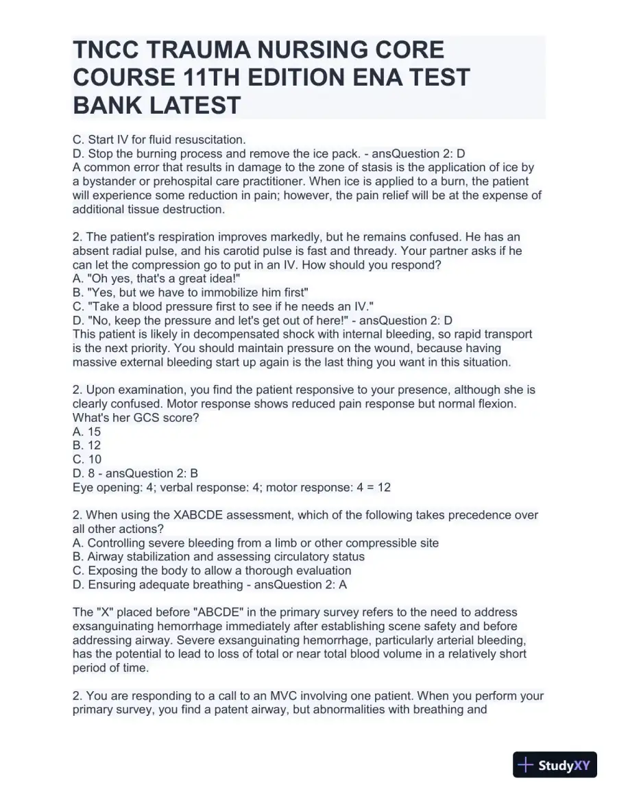TNCC Trauma Nursing Core Course 11th Edition ENA Test with Answers (220 Solved Questions), page 6