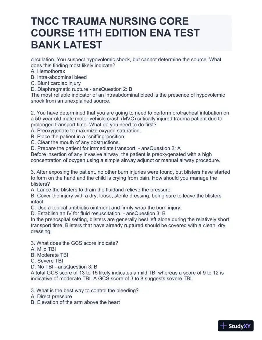 TNCC Trauma Nursing Core Course 11th Edition ENA Test with Answers (220 Solved Questions), page 7