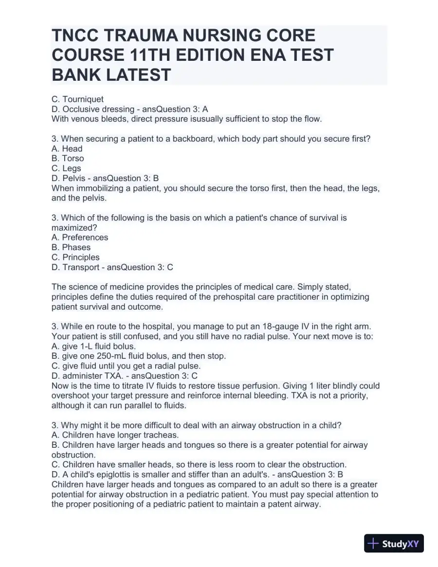 TNCC Trauma Nursing Core Course 11th Edition ENA Test with Answers (220 Solved Questions), page 8