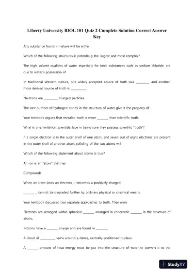 Liberty University BIOL 101 Quiz 2 Complete Solution Correct Answer Key - Page 1 preview image