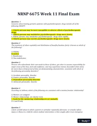 NRNP6675 Week 11 Final Exam With Answers (100 Solved Questions) - Page 1 preview image