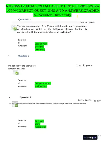 2023-2024 NURS6512 Nursing Diagnosis Final Exam With Answers (101 Solved Questions) - Page 1 preview image