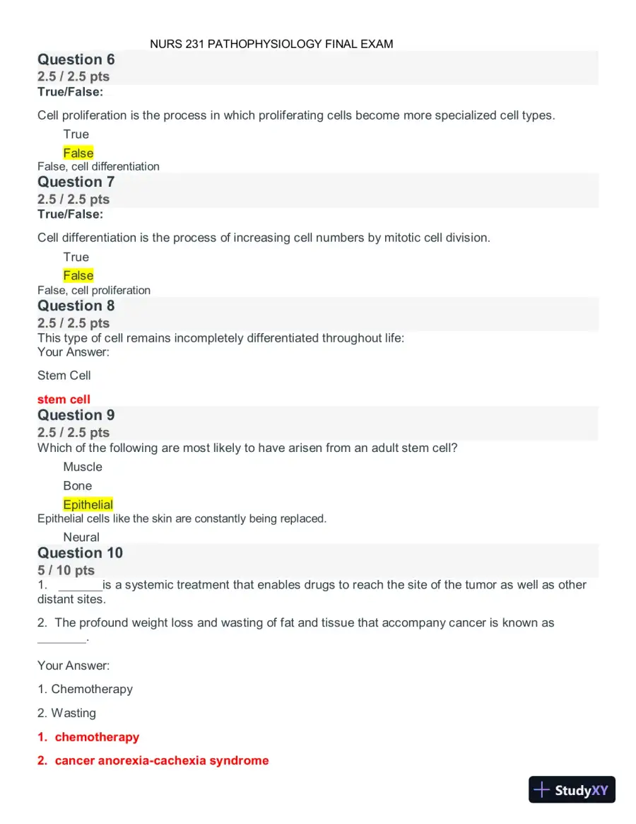 NURS231 Pathophysiology Final Exam with Answers (42 Solved Questions), page 3