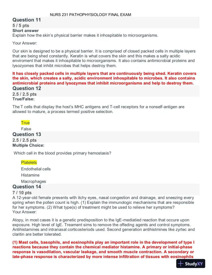 NURS231 Pathophysiology Final Exam with Answers (42 Solved Questions), page 4