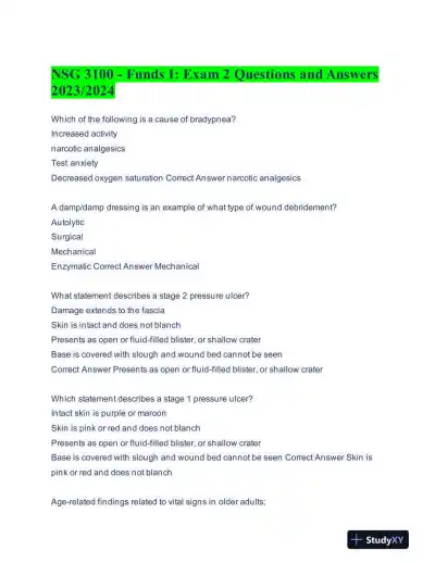 2023-2024 NSG3100 Fundamental I Exam 2 With Answers (75 Solved Questions) - Page 1 preview image