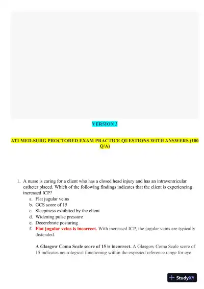 2021 HESI PN Medical surigical Proctored Exam Versions 3 With Answers (102 Solved Questions) - Page 1 preview image