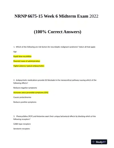 2022 NRNP6675-15 Nursing Diagnosis Midterm Week 6 Exam With Answers (97 Solved Questions) - Page 1 preview image