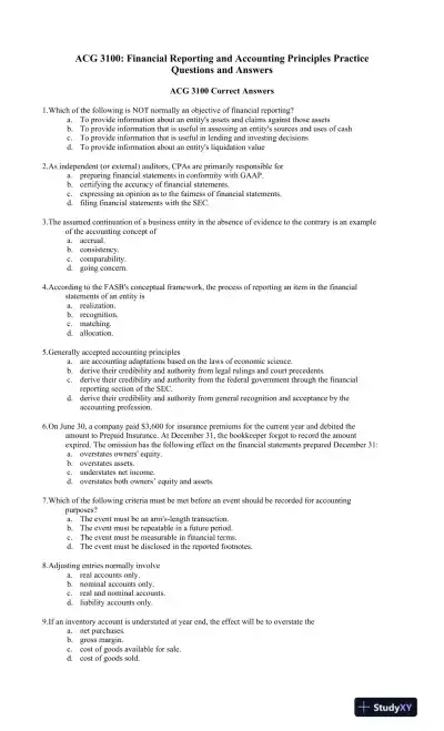 ACG 3100: Financial Reporting and Accounting Principles Practice Questions and Answers - Page 1 preview image