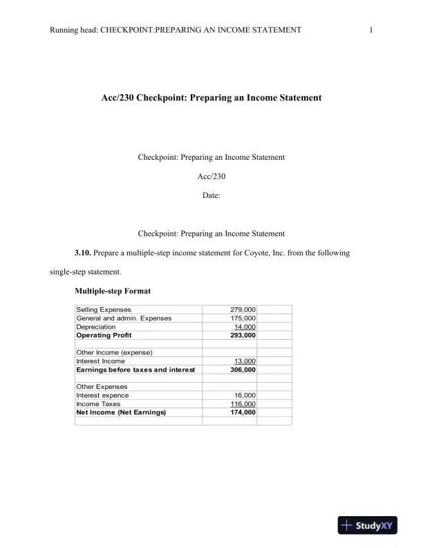 Acc/230 Checkpoint: Preparing an Income Statement - Page 1 preview image