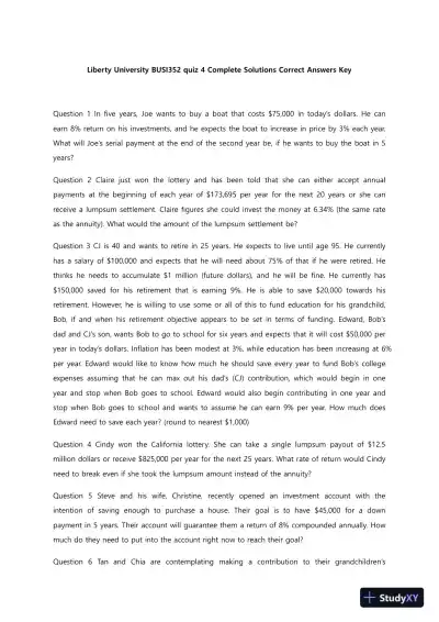 Liberty University BUSI352 Quiz 4 Complete Solutions Correct Answers Key - Page 1 preview image