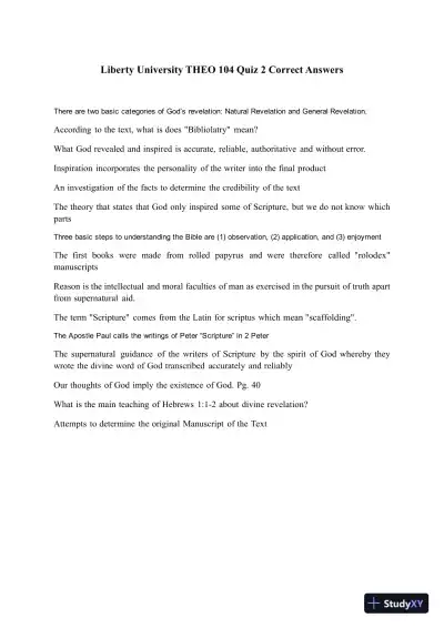 Liberty University THEO 104 Quiz 2 Correct Answers - Page 1 preview image