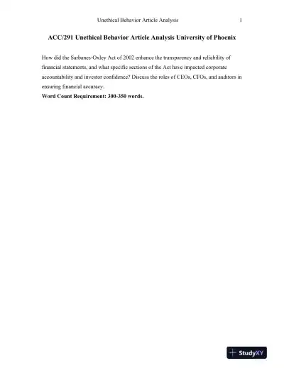 ACC/291 Unethical Behavior Article Analysis University of Phoenix - Page 1 preview image