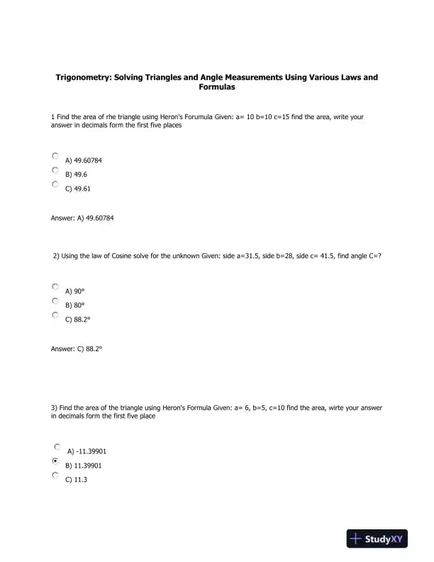 Trigonometry: Solving Triangles and Angle Measurements Using Various Laws and Formulas - Page 1 preview image
