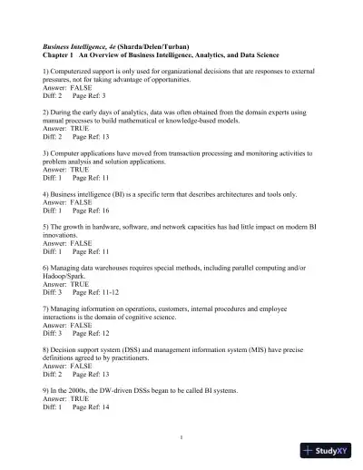 Business Intelligence, Analytics, And Data Science: A Managerial Perspective, 4th Edition Test Bank - Page 1 preview image