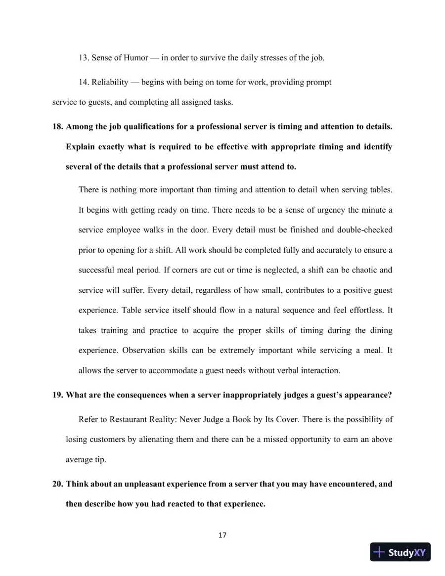 Professional Server, The: A Training Manual, 3rd Edition Solution Manual, page 17