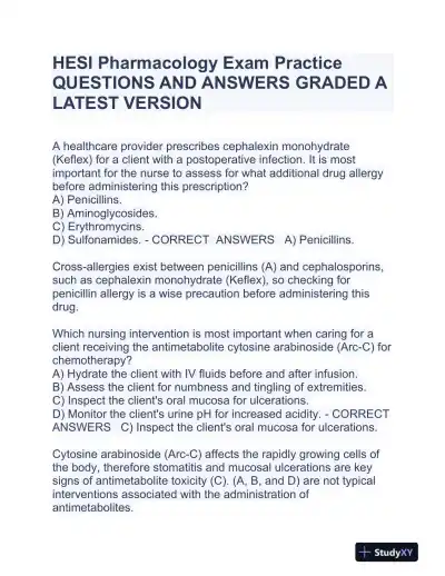 HESI Pharmacology Practice Exam With Answers (354 Solved Questions) - Page 1 preview image