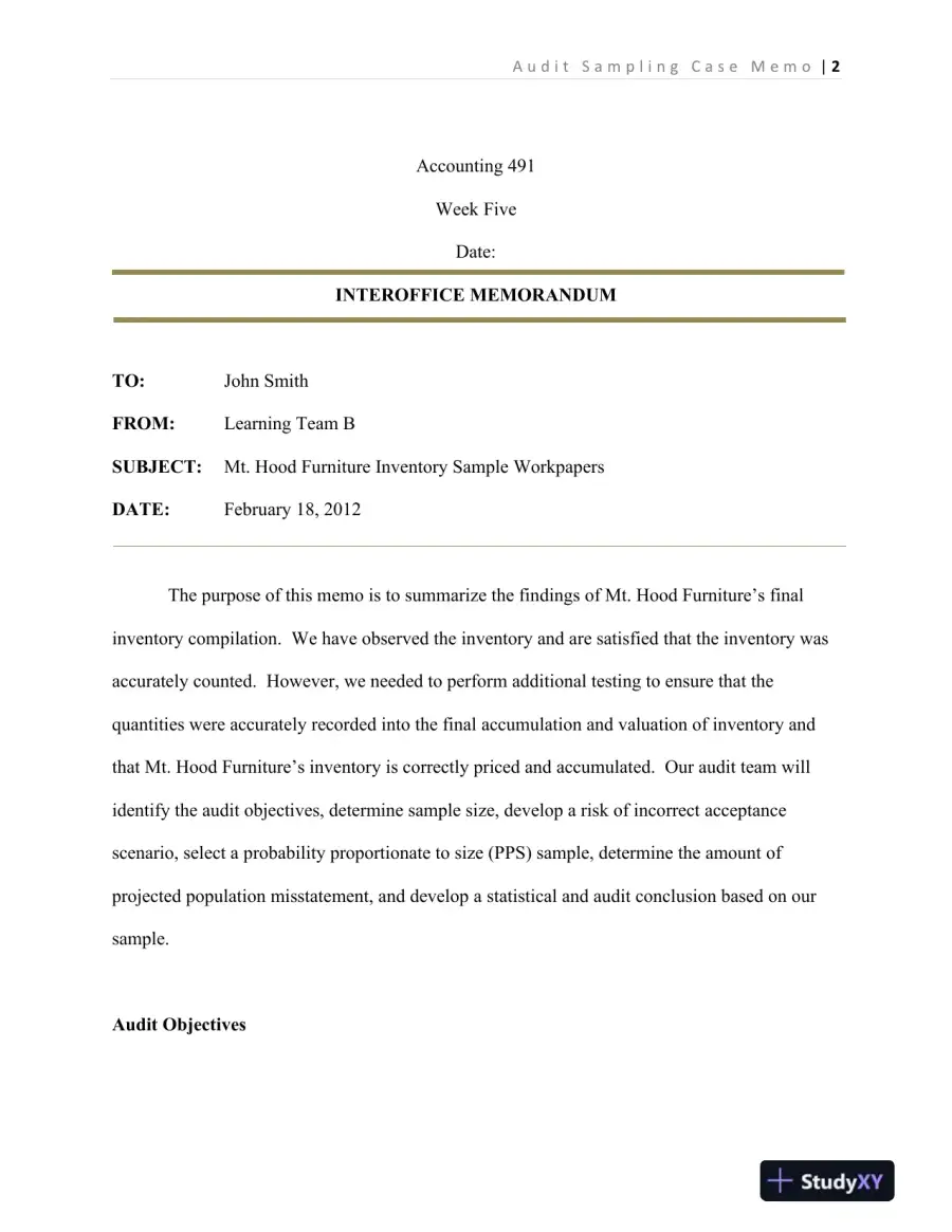 Accounting 491 Audit Sampling and Evaluation of Mt. Hood Furniture's Inventory, page 3