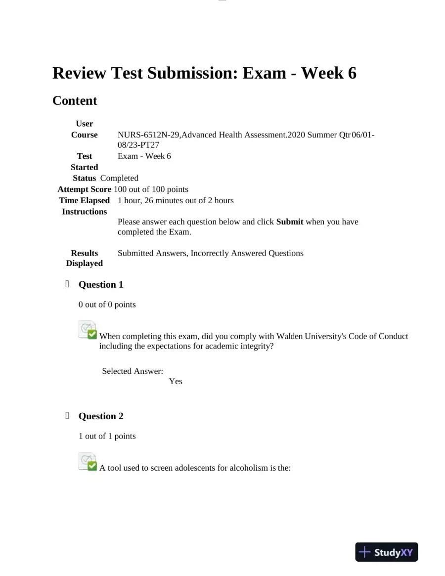 NURS6512 Walden University Health Assessment Midterm Exam With Answers (101 Solved Questions), page 3
