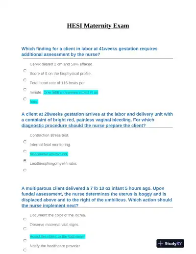 2021 HESI Maternity Practice Exam With Answers (16 Solved Questions) - Page 1 preview image