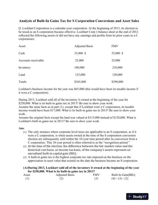 Analysis of Built-In Gains Tax for S Corporation Conversions and Asset Sales - Page 1 preview image