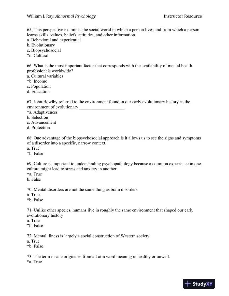 Abnormal Psychology: Neuroscience Perspectives on Human Behavior and Experience 1st Edition Test Bank, page 12
