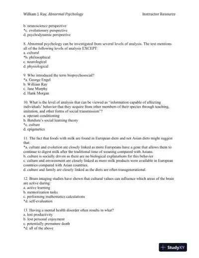 Abnormal Psychology: Neuroscience Perspectives on Human Behavior and Experience 1st Edition Test Bank - Page 3 preview image