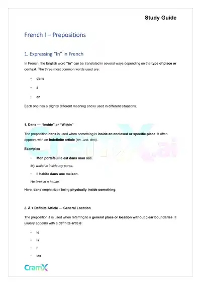 French I - Prepositions - Page 1 preview image