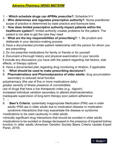 NR565 Pharmacology Midterm Exam With Answers (150 Solved Questions) - Page 1 preview image