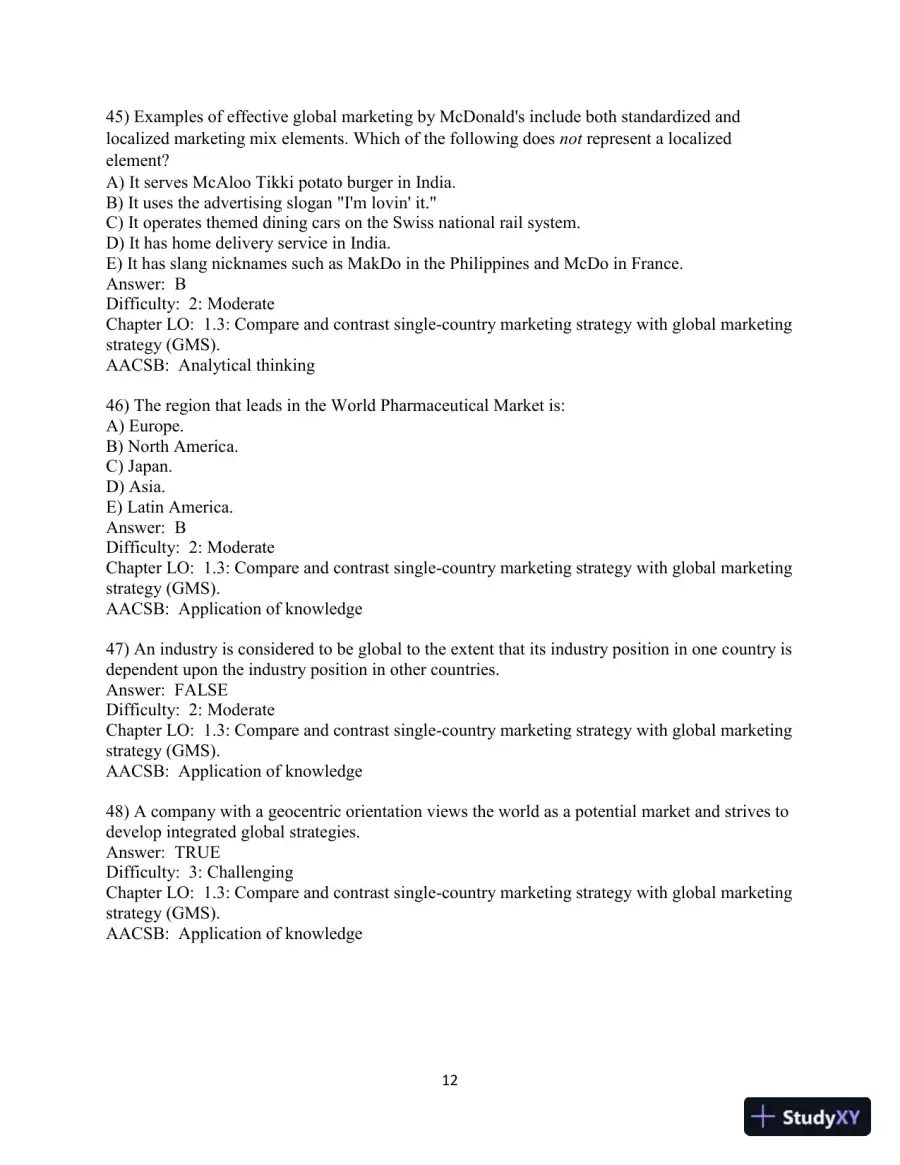 Test Bank for Global Marketing   , 10th Edition, page 14