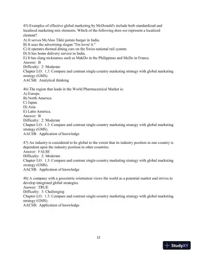 Test Bank for Global Marketing , 10th Edition - Page 14 preview image