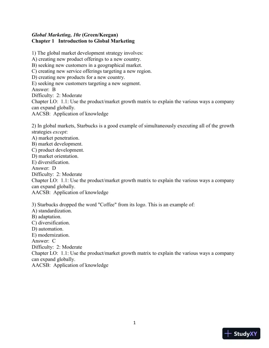 Test Bank for Global Marketing   , 10th Edition, page 3