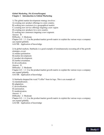 Test Bank for Global Marketing , 10th Edition - Page 3 preview image