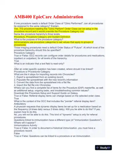 AMB400 EpicCare Administration Practice Exam With Answers (83 Solved Questions) - Page 1 preview image