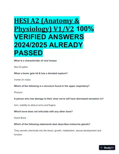 2024-2025 HESI A2 Anatomy and Physiology V1/V2 Practice Exam with Answers (134 Solved Questions) - Page 1 preview image