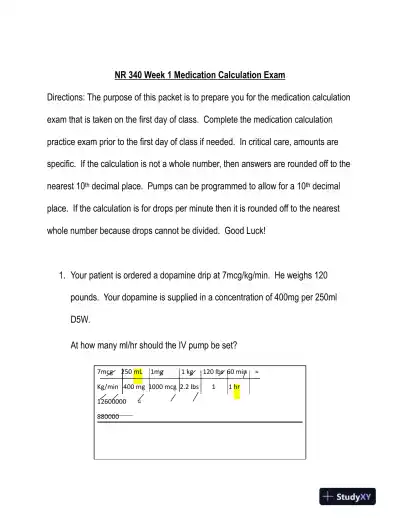 NR340 Pharmacology Week 1 Medication Calculation Exam With Answers (10 Solved Questions) - Page 1 preview image
