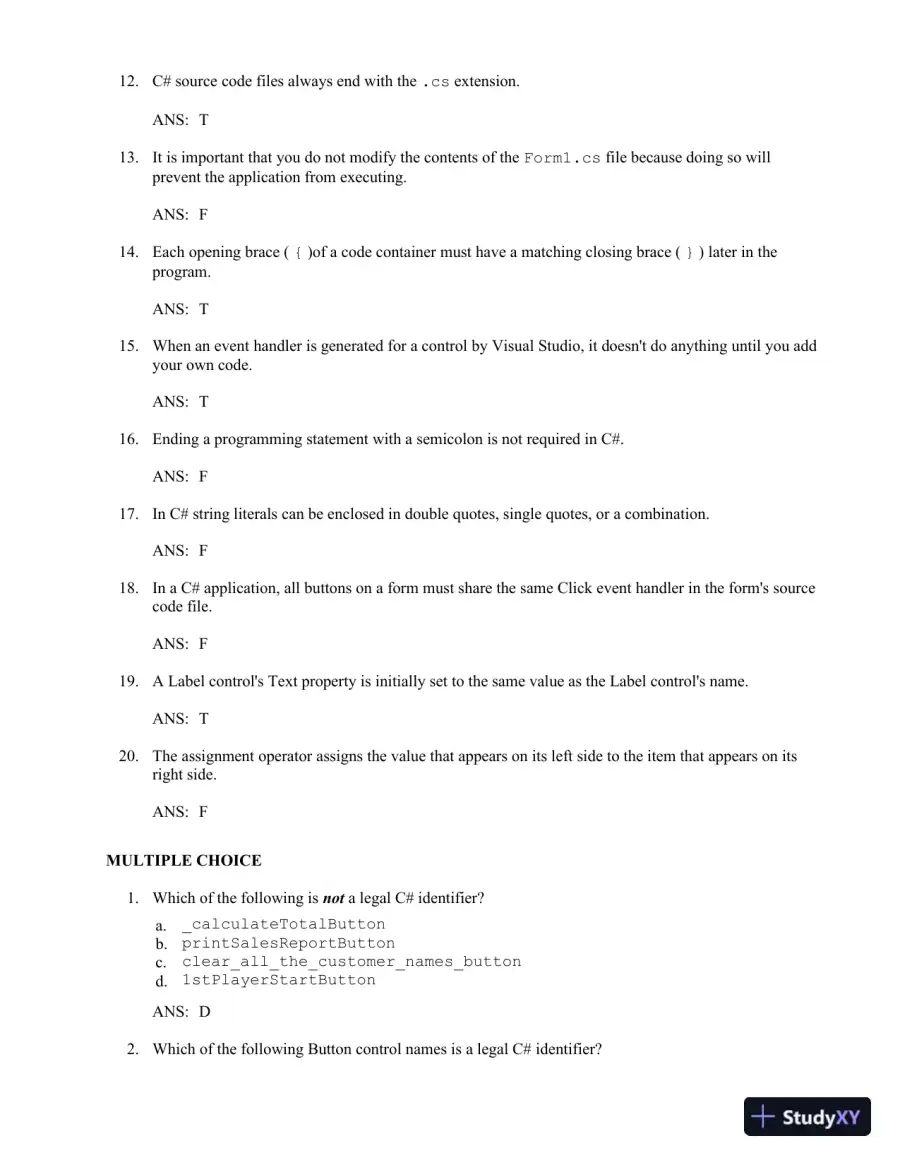 Test Bank for Starting Out With Visual C#, 5th Edition, page 10