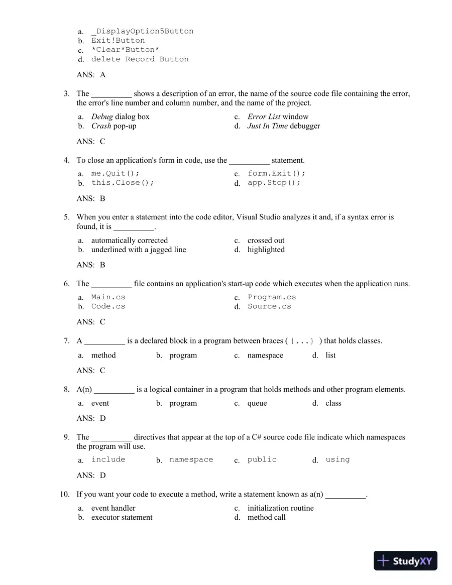 Test Bank for Starting Out With Visual C#, 5th Edition, page 11